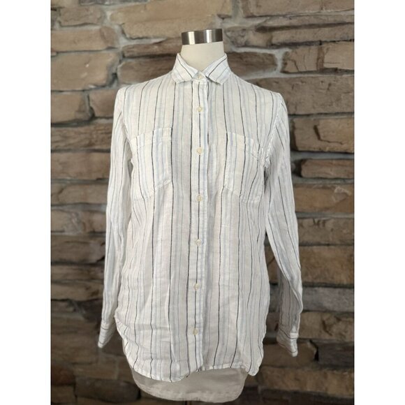 GAP Women’s 100% Linen Button-Up Shirt Blue White Stripe Long Sleeve Size S - Picture 1 of 14